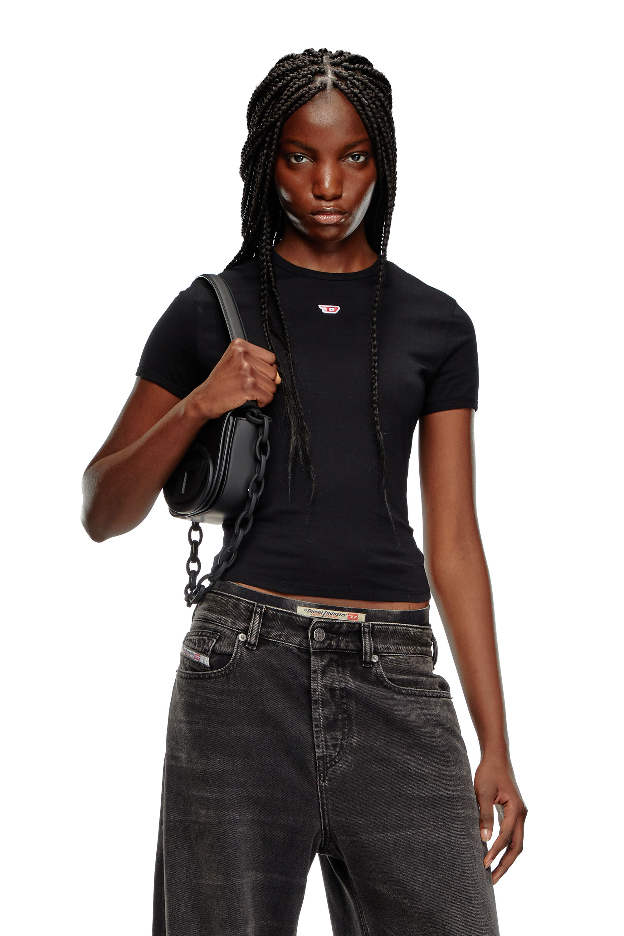 Diesel - T-UNCUTIE-LONG-D, Woman's T-shirt with embroidered D patch in Black - 2